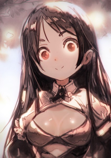 Anime picture 2480x3508 with original okuto single long hair tall image looking at viewer fringe highres breasts light erotic black hair smile red eyes cleavage upper body crazy eyes girl