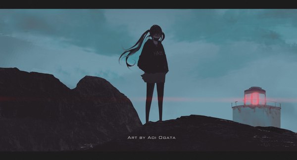 Anime picture 1860x1005 with original hate-chan (aoi ogata) aoi ogata single long hair fringe highres wide image standing twintails signed sky cloud (clouds) full body outdoors wind letterboxed rock no eyes girl
