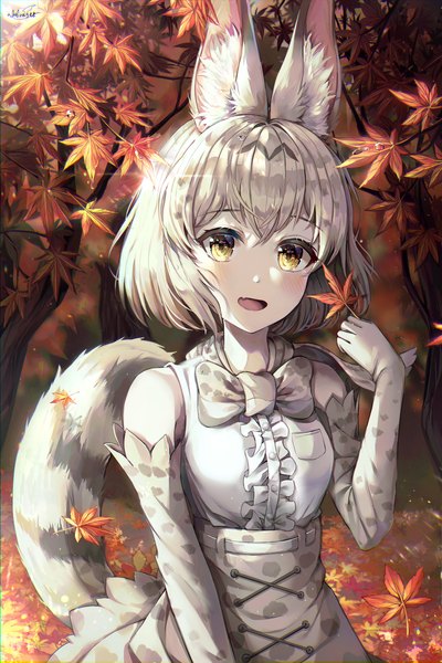 Anime picture 2729x4096 with kemono friends white serval (kemono friends) mirage (rairudiseu) single tall image looking at viewer blush fringe highres short hair open mouth smile hair between eyes bare shoulders holding brown eyes signed animal ears silver hair upper body