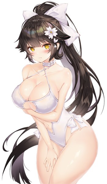 Anime picture 800x1371 with azur lane takao (azur lane) takao (beach rhapsody) (azur lane) mellozzo single tall image looking at viewer blush fringe breasts light erotic black hair simple background large breasts standing white background bare shoulders signed yellow eyes cleavage