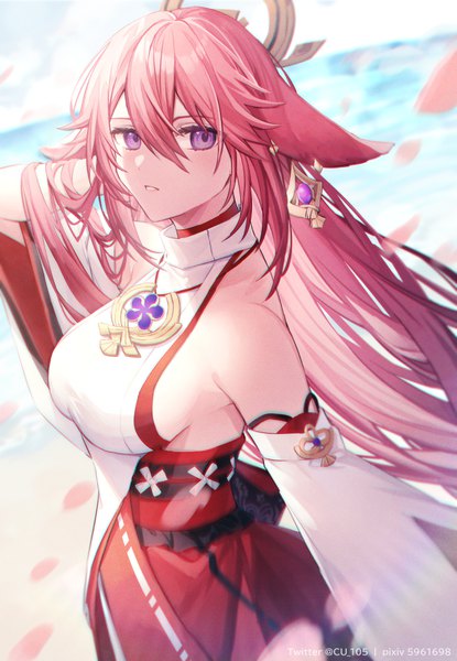 Anime picture 700x1011 with genshin impact yae miko coyucom single long hair tall image looking at viewer blush fringe breasts hair between eyes large breasts standing purple eyes bare shoulders signed pink hair traditional clothes parted lips japanese clothes