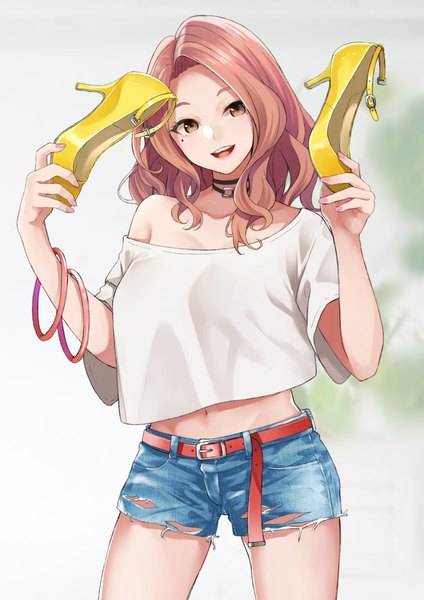 Anime picture 707x1000 with original retsuna single long hair tall image looking at viewer open mouth smile brown hair standing holding brown eyes head tilt :d off shoulder mole short sleeves midriff high heels mole under eye