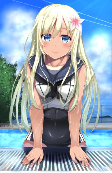 Anime picture 2043x3147 with kantai collection ro-500 submarine yukimochi kinako single long hair tall image looking at viewer blush fringe highres blue eyes light erotic blonde hair hair between eyes standing payot sky cloud (clouds) outdoors hair flower