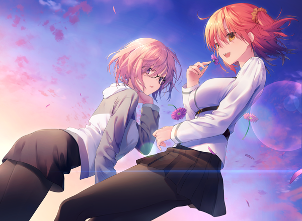 Anime picture 1633x1200 with fate (series) fate/grand order mash kyrielight fujimaru ritsuka (female) kuro futoshi fringe short hair open mouth hair between eyes multiple girls yellow eyes pink hair sky :d pleated skirt wind orange hair one side up lens flare girl