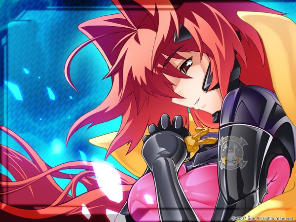 Anime picture 1600x1200 with muv-luv kagami sumika single long hair light erotic red eyes upper body red hair 2007 girl gloves black gloves bodysuit