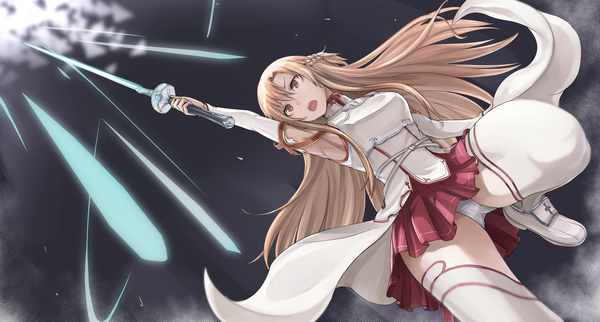Anime picture 6541x3508 with sword art online a-1 pictures yuuki asuna tea (nakenashi) single long hair fringe highres open mouth light erotic hair between eyes brown hair wide image holding brown eyes absurdres braid (braids) pleated skirt arm up from below