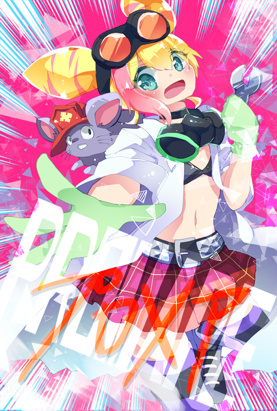 Anime picture 1378x2039 with promare studio trigger lucia fex vinny (promare) whitebunny0921 single tall image looking at viewer blush fringe open mouth blonde hair hair between eyes multicolored hair aqua eyes hair bun (hair buns) streaked hair pink background goggles on head girl
