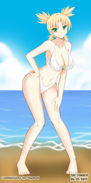Anime picture 598x1200 with naruto studio pierrot naruto (series) temari (naruto) the-sinner single tall image blush short hair breasts light erotic blonde hair smile large breasts green eyes sky cloud (clouds) hand on hip quad tails girl