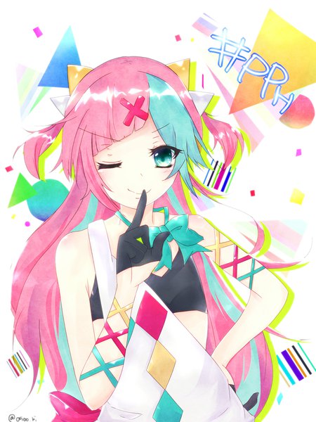 Anime picture 1512x2016 with virtual youtuber the moon studio pinky pop hepburn rino single long hair tall image looking at viewer blush fringe simple background smile white background bare shoulders signed pink hair upper body one eye closed multicolored hair aqua eyes