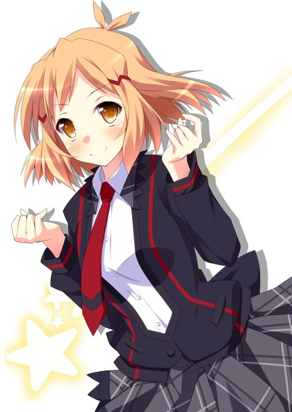 Anime picture 2507x3541 with senki zesshou symphogear satelight tachibana hibiki kurono yuzuko single long hair tall image blush highres blonde hair smile yellow eyes girl skirt uniform hair ornament school uniform necktie hairclip star (symbol)