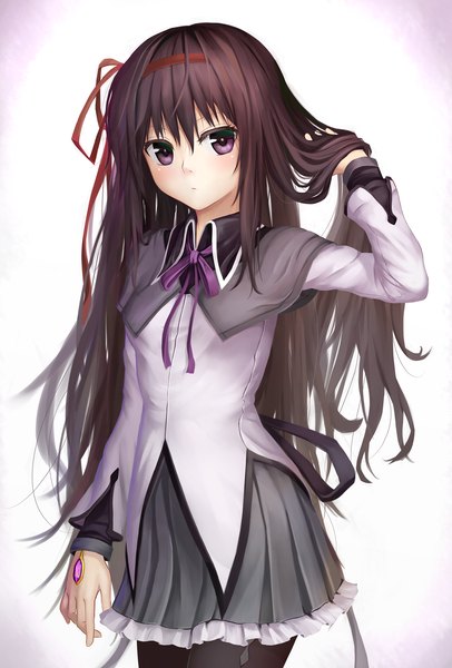 Anime picture 1355x2000 with mahou shoujo madoka magica shaft (studio) akemi homura aki99 single long hair tall image looking at viewer simple background white background purple eyes purple hair girl dress hairband