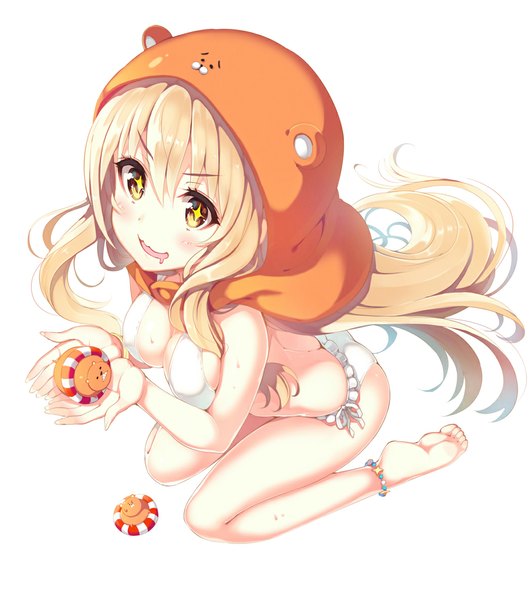 Anime picture 1050x1185 with himouto! umaru-chan doga kobo doma umaru tel-o single long hair tall image blush breasts open mouth light erotic blonde hair simple background smile white background sitting holding brown eyes from above kneeling