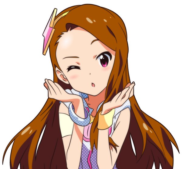 Anime picture 2000x1860 with idolmaster idolmaster (classic) minase iori akizuki ritchan single long hair looking at viewer blush highres open mouth simple background brown hair standing white background upper body head tilt pink eyes one eye closed :o million dreams