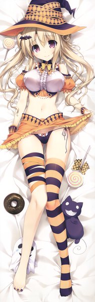 Anime picture 2325x7362 with karory single long hair tall image looking at viewer blush highres breasts light erotic blonde hair smile purple eyes full body nail polish scan midriff skirt lift halloween dakimakura (medium) girl