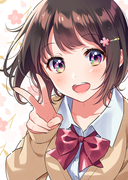 Anime picture 777x1087 with original morikura en single tall image looking at viewer blush fringe short hair open mouth simple background smile brown hair upper body :d pink eyes teeth victory multicolored eyes floral background girl