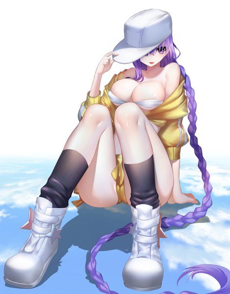 Anime picture 1571x2000 with fate (series) fate/grand order bb (fate) (all) bb (swimsuit mooncancer) (fate) rahato single tall image looking at viewer blush fringe breasts light erotic simple background hair between eyes large breasts sitting purple eyes bare shoulders sky cleavage