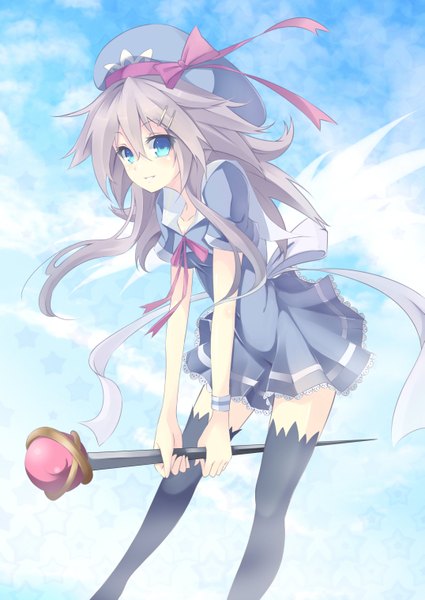 Anime picture 2149x3035 with original kisaichi jin single long hair tall image highres blue eyes smile brown hair sky cloud (clouds) girl thighhighs bow ribbon (ribbons) hat staff