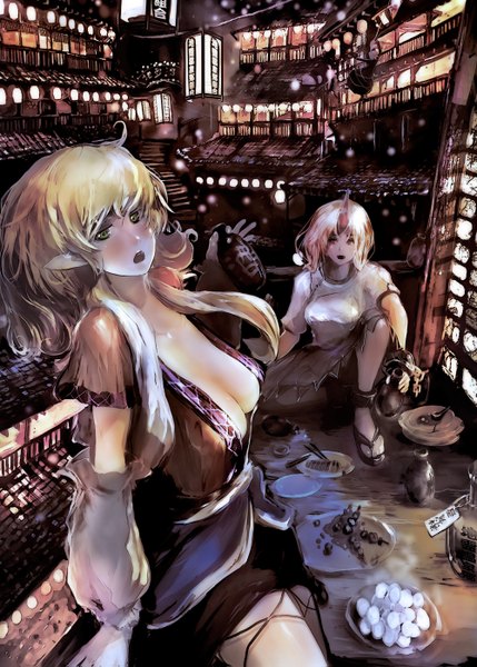 Anime picture 1000x1399 with touhou mizuhashi parsee hoshiguma yuugi kurodani yamame nanatsuki sousuke long hair tall image blush short hair breasts open mouth light erotic blonde hair large breasts sitting multiple girls holding green eyes cleavage purple hair