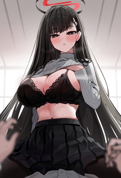Anime picture 2480x3651 with blue archive rio (blue archive) yuki (asayuki101) long hair tall image looking at viewer blush fringe highres breasts light erotic black hair red eyes large breasts sitting indoors long sleeves pleated skirt arm up blurry