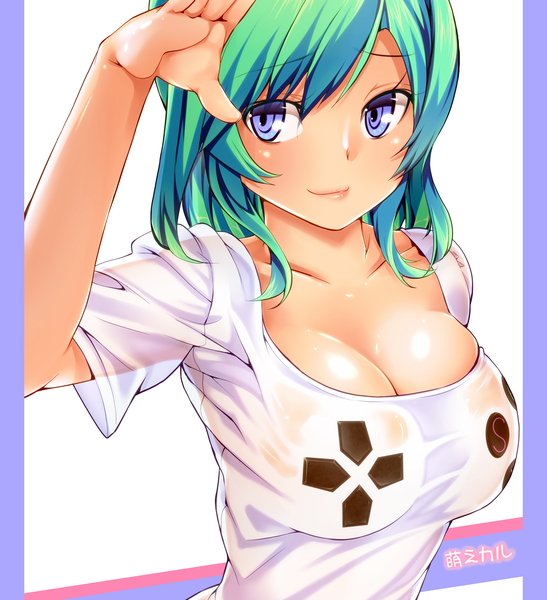 Anime picture 1510x1654 with original amasora taichi single tall image short hair breasts blue eyes light erotic large breasts green hair see-through silhouette girl