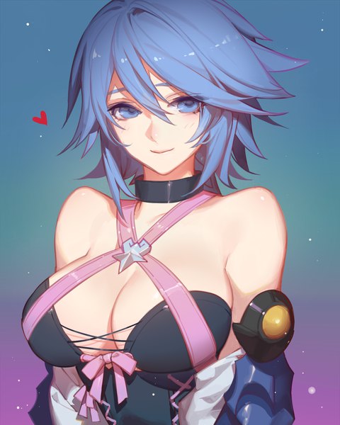 Anime picture 1445x1808 with kingdom hearts kingdom hearts birth by sleep square enix aqua (kingdom hearts) songjikyo single tall image looking at viewer blush fringe short hair breasts blue eyes light erotic simple background hair between eyes large breasts bare shoulders payot blue hair