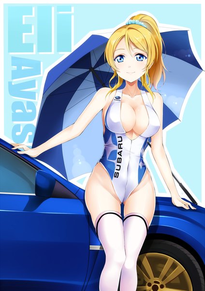 Anime picture 820x1160 with love live! school idol project sunrise (studio) love live! ayase eli qiuzhi huiyi single long hair tall image breasts blue eyes light erotic blonde hair large breasts standing ponytail light smile girl thighhighs white thighhighs umbrella