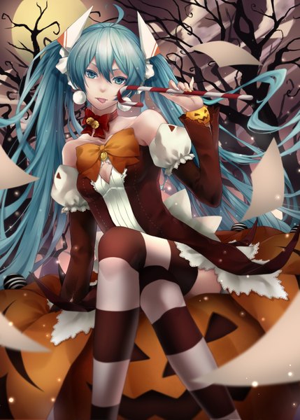 Anime picture 1190x1665 with vocaloid hatsune miku kiyo (chaoschyan) single tall image twintails very long hair aqua eyes aqua hair night crossed legs halloween girl thighhighs dress plant (plants) detached sleeves tree (trees) moon striped thighhighs