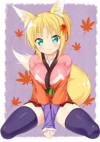 Anime picture 707x1000 with dog days yukikaze panettone ichi makoto single long hair tall image looking at viewer blush fringe breasts light erotic blonde hair smile large breasts sitting green eyes animal ears bent knee (knees) ponytail tail