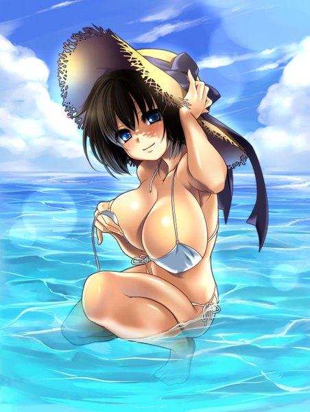 Anime picture 2283x3032 with original akagi rio single tall image looking at viewer highres short hair breasts blue eyes light erotic black hair bare shoulders absurdres cleavage barefoot huge breasts partially submerged squat girl swimsuit