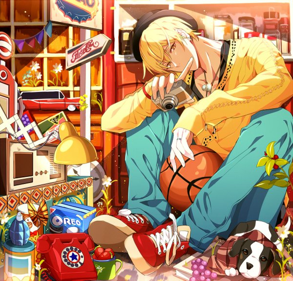 Anime picture 1250x1203 with kuroko no basket production i.g kise ryouta yuna (rutera) single looking at viewer short hair blonde hair sitting holding brown eyes yellow eyes lying sparkle shadow finger to mouth lacing basketball boy flower (flowers)