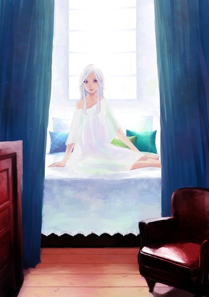 Anime-Bild 729x1032 mit original konno mayumi single long hair tall image looking at viewer sitting bare shoulders white hair indoors pink eyes sunlight off shoulder arm support bare legs girl dress white dress pillow bed