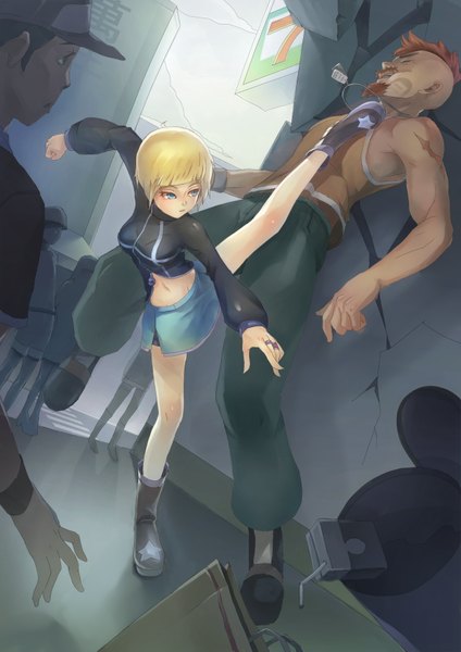 Anime picture 2480x3507 with original lascalis (artist) tall image highres short hair blue eyes blonde hair bare shoulders looking back orange hair multiple boys short sleeves scar battle girl boy skirt boots 2 boys ring