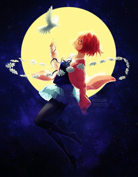 Anime picture 700x900 with kyoukai no kanata kyoto animation kuriyama mirai rosuuri single tall image short hair signed yellow eyes profile pleated skirt orange hair night night sky weightlessness girl skirt uniform flower (flowers) ribbon (ribbons)