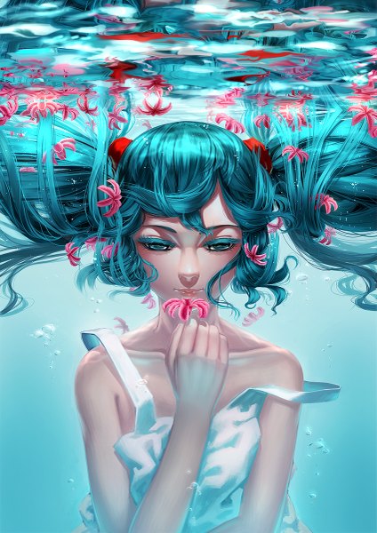 Anime picture 849x1200 with vocaloid hatsune miku rail (silverbow) single long hair tall image twintails aqua eyes aqua hair underwater girl dress flower (flowers) water white dress sundress bubble (bubbles) higanbana