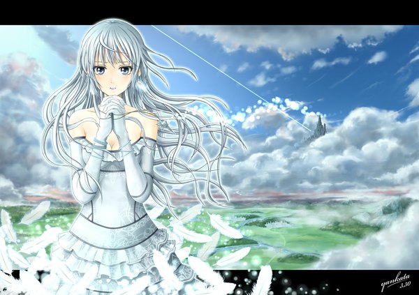 Anime picture 1169x826 with original yankata (artist) single long hair blue eyes sky cloud (clouds) white hair girl dress gloves elbow gloves feather (feathers)