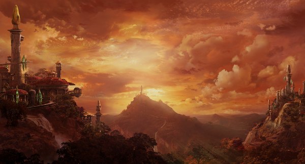 Anime picture 1600x864 with world of warcraft warcraft blizzard entertainment wide image sky cloud (clouds) evening sunset horizon mountain no people landscape waterfall water building (buildings) tower