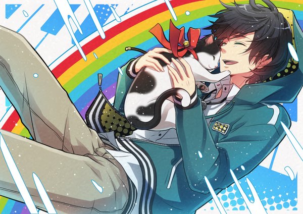 Anime picture 1518x1074 with original chaa (artist) single short hair open mouth black hair eyes closed happy boy hood bell cat jingle bell rainbow