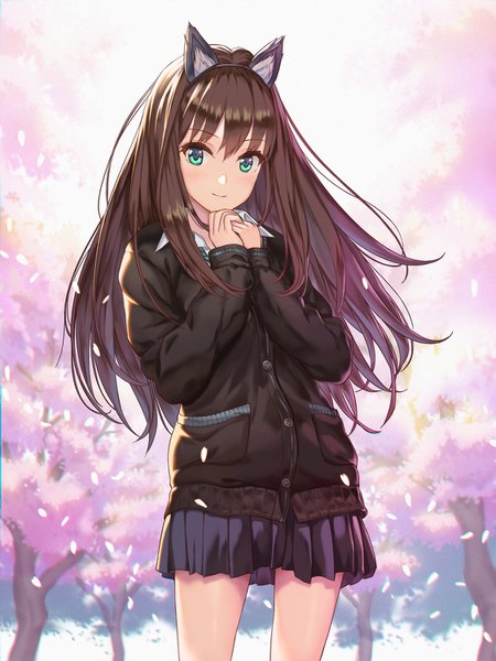 Anime picture 1125x1500 with idolmaster idolmaster cinderella girls shibuya rin hhama single long hair tall image looking at viewer fringe hair between eyes brown hair standing animal ears outdoors pleated skirt aqua eyes light smile cherry blossoms fake animal ears hands clasped