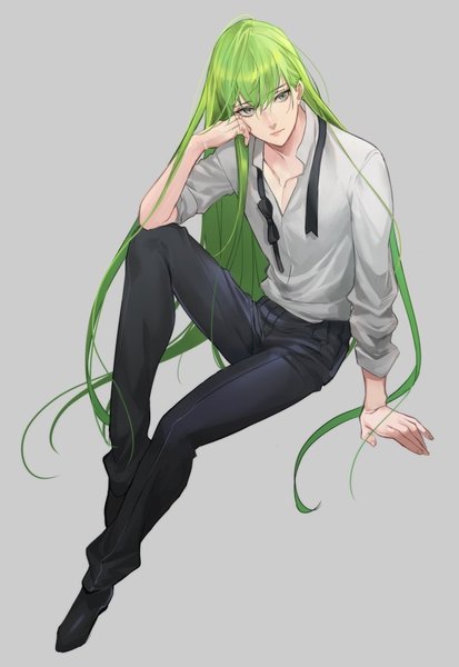 Anime picture 620x900 with fate (series) fate/strange fake enkidu (fate) az (kroneko007) single tall image simple background sitting looking away full body very long hair green hair grey background arm support grey eyes open collar boy shirt bowtie grey shirt