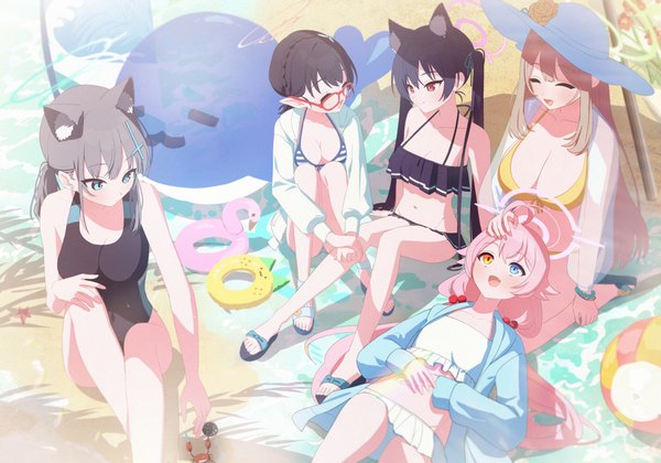 Anime picture 3840x2687 with blue archive shiroko (blue archive) hoshino (blue archive) shiroko (swimsuit) (blue archive) nonomi (blue archive) serika (blue archive) nonomi (swimsuit) (blue archive) hoshino (swimsuit) (blue archive) ayane (blue archive) serika (swimsuit) (blue archive) ayane (swimsuit) (blue archive) kaerunrun long hair highres short hair breasts open mouth blue eyes light erotic black hair