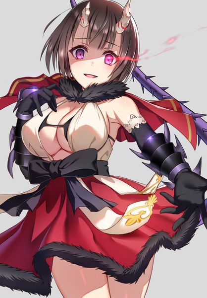 Anime picture 1350x1935 with princess connect! re:dive princess connect! kuraishi eriko mizore syrup single tall image looking at viewer blush fringe short hair breasts open mouth light erotic black hair simple background smile large breasts standing purple eyes tail