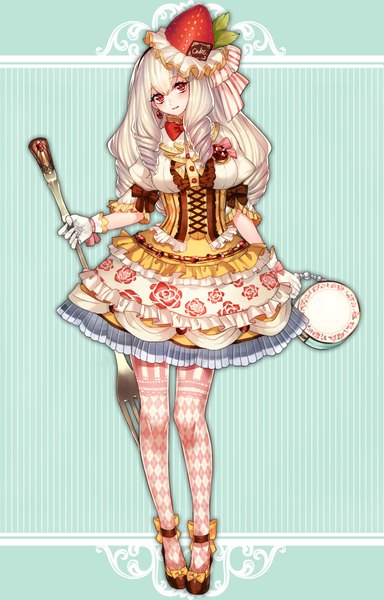 Anime picture 1024x1600 with original katagiri hachigou single long hair tall image looking at viewer red eyes white hair drill hair girl dress gloves food white gloves berry (berries) strawberry fork
