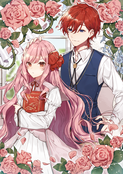 Anime picture 717x1012 with original hanagata long hair tall image fringe short hair blue eyes hair between eyes red eyes holding pink hair red hair hand on hip hand on another's head girl dress boy flower (flowers) ribbon (ribbons) hair ribbon