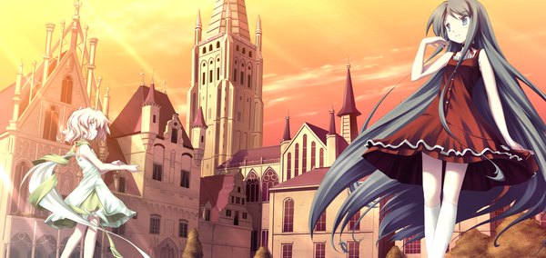 Anime picture 1581x750 with katahane tarte wide image sky very long hair loli dress castle