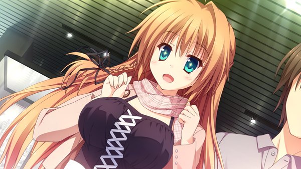 Anime picture 1280x720 with koishiki manual ichinose himeno saeki nao long hair looking at viewer blush breasts open mouth blonde hair smile brown hair wide image large breasts game cg aqua eyes symbol-shaped pupils happy lacing no face girl