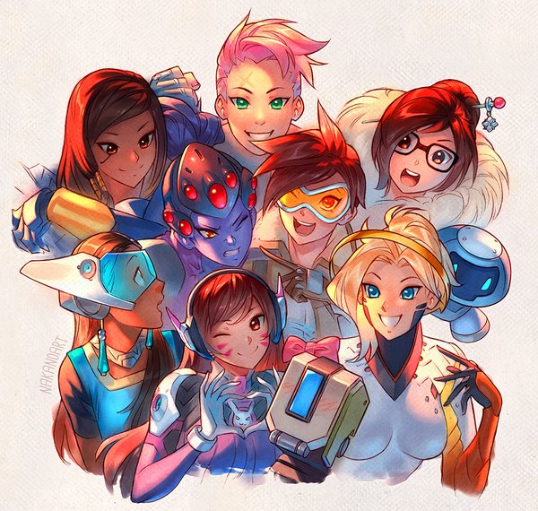 Anime picture 1000x950 with overwatch blizzard entertainment d.va (overwatch) mercy (overwatch) widowmaker (overwatch) tracer (overwatch) mei (overwatch) pharah (overwatch) snowball (overwatch) symmetra (overwatch) zarya (overwatch) bastion (overwatch) nakanoart long hair looking at viewer blush short hair breasts open mouth blue eyes