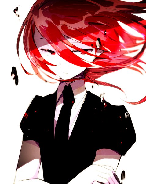 Anime picture 664x833 with houseki no kuni cinnabar (houseki no kuni) shinsha (houseki no kuni) hiiragi fuyuki single long hair tall image fringe simple background hair between eyes red eyes white background upper body red hair short sleeves puffy sleeves shaded face crossed arms androgynous shirt