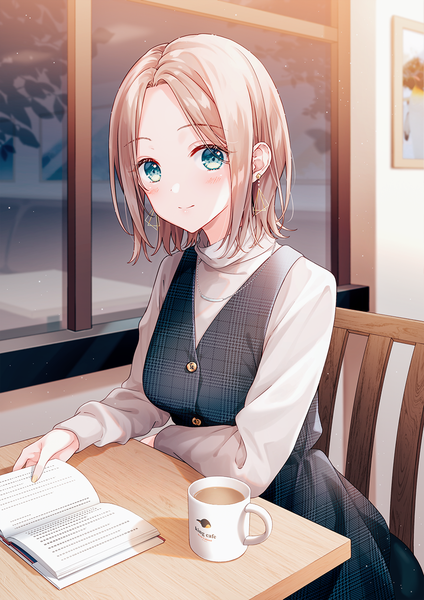 Anime picture 900x1273 with original aoi yuki single tall image looking at viewer blush fringe short hair blonde hair sitting holding payot indoors long sleeves aqua eyes light smile girl dress earrings window