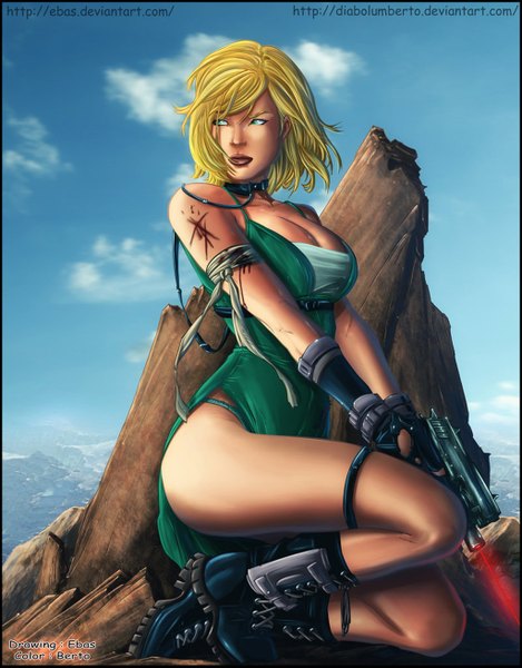 Anime picture 1024x1309 with danger girl (comics) abbey chase diabolumberto single tall image short hair blonde hair green eyes sky cloud (clouds) lips realistic coloring mountain girl gloves gun blood thigh boots bandage (bandages)