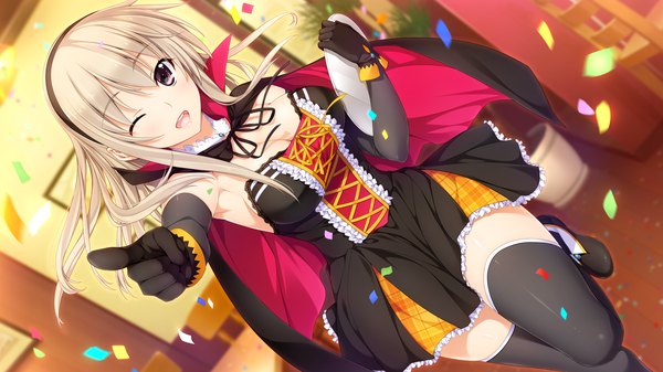 Anime picture 2648x1489 with niizuma lovely x cation naruse nono iizuki tasuku single long hair looking at viewer blush fringe highres open mouth blonde hair wide image purple eyes game cg cleavage one eye closed wink outstretched arm pointing girl